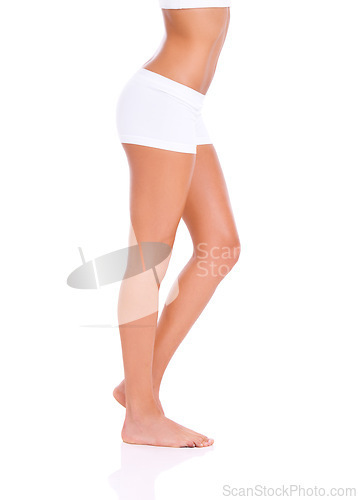 Image of Woman, underwear and legs in studio or cosmetics with cellulite treatment, liposuction and glowing skin. Model, person and skincare with wellness, dermatology and cosmetology on white background