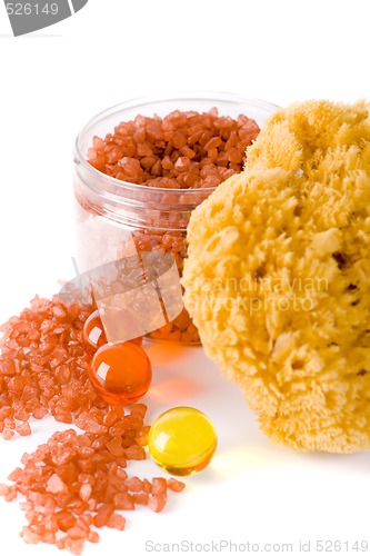 Image of natural sponge, bath salt and oil balls