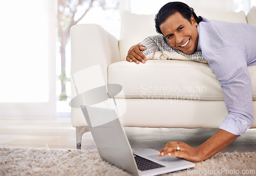 Image of Laptop, remote work or portrait of businessman on sofa streaming, video or social media at home. Pc, search or freelancer in living room with online tutorial for elearning, upskill or training course