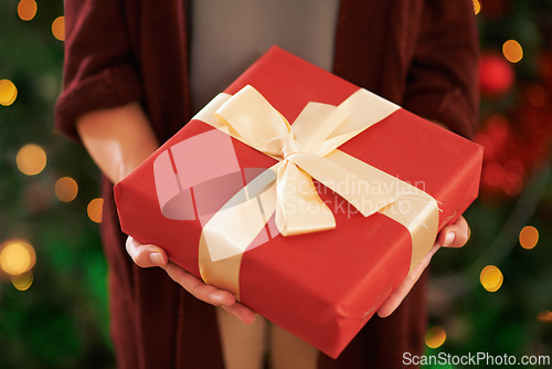 Image of Hands, gift and Christmas box for festive season on holiday or present package for celebrate, party or decoration. Person, fingers and giving in Canada with ribbon or joyful vacation, bokeh or lights