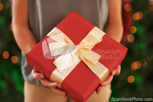 Image of Person, gift and Christmas box for festive season on holiday or present package for celebrate, party or decoration. Hands, fingers and giving in Canada with ribbon or joyful vacation, bokeh or lights
