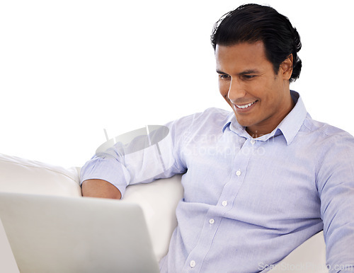 Image of Remote work, laptop and happy businessman on a sofa for web, research or client communication. Freelance, pc or real estate agent online in show house living room for property, appointment or meeting