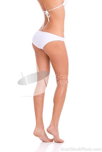 Image of Legs, woman in underwear and epilation for skincare, beauty and grooming isolated on white background. Smooth skin, wellness with cosmetics and shine from waxing or laser hair removal in studio