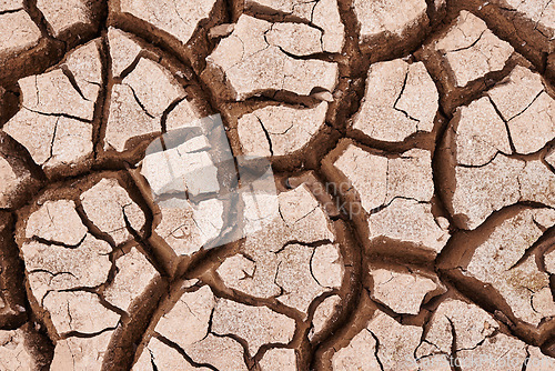 Image of Erosion, dry and ground with cracks, nature and landscape with environment, dust and soil. Empty, barren and drought with extreme weather and climate change with ecology, earth and natural disaster