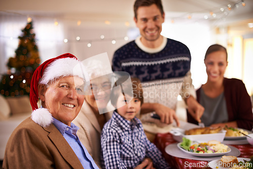 Image of Family, portrait and grandparents at dinner on Christmas, together with food and celebration in home. Happy, event and kid smile with grandmother at lunch and relax at holiday, party or hosting meal