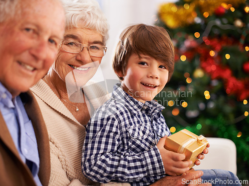 Image of Grandparents, child and Christmas gift as portrait for festive season celebration for tradition, presents or bonding. Elderly couple, boy and present box in home in Canada for vacation, love or happy