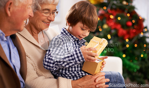 Image of People, grandparents and family with Christmas gift for festive season together for celebration, presents or holiday. Elderly man, woman and couch at home in Canada for bonding, vacation or relaxing