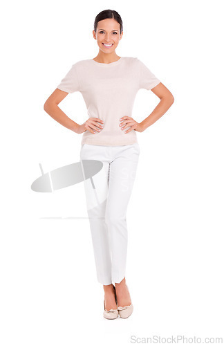 Image of Fashion, confident and portrait of business woman on white background for career, job and work. Company, happy and isolated person with professional style, pride and positive attitude in studio