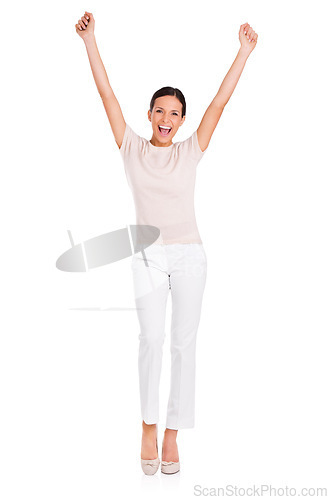 Image of Business woman, portrait and celebration in studio, smile and pride for career win on white background. Female person, full body and fist pump for promotion, bonus and happy for opportunity or reward