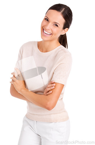 Image of Business woman, portrait and arms crossed in studio, smile and pride for career on white background. Female person, confident and happy for startup company, entrepreneur and positive for opportunity