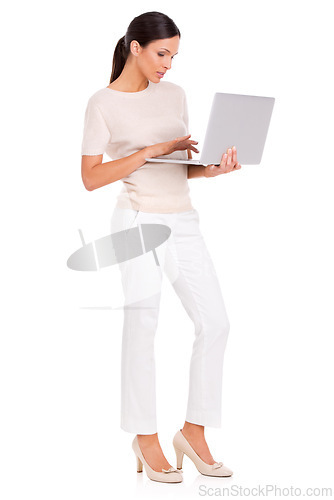 Image of Business woman, laptop and planning in studio, networking and internet for research on white background. Female person, full body and online for social media, email and website for opportunity