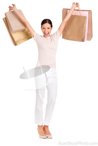 Image of Woman, portrait and shopping bags or excited for deal as customer or discount, promotion or giveaway. Female person, face and fashion product on white background for purchase, retail or mockup space