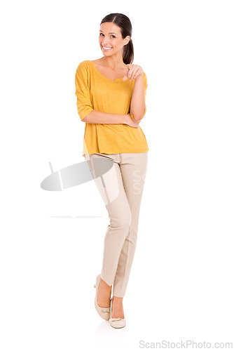 Image of Woman, fashion and portrait for elegance, point and smile in outfit in studio for minimalist style. Female person, happy and yellow top by white background, proud and confident in attractive apparel