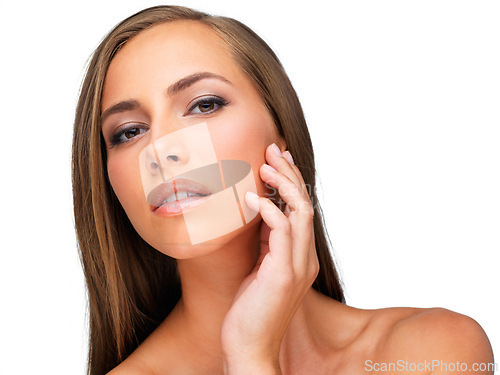 Image of Woman, studio and portrait of face with makeup in white background of backdrop, cosmetics and aesthetic. Girl, self love and care for skincare or beauty from dermatology for model to shine and glow