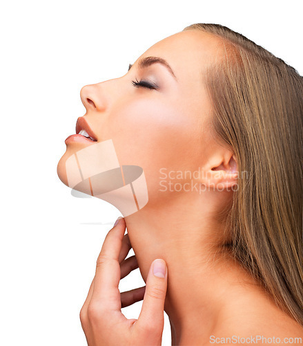 Image of Woman, calm and beauty with skincare, profile and facial treatment in a studio. Dermatology, wellness and natural glow with relax female person and skin cosmetics for face with white background