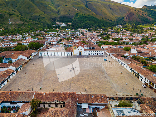 Image of Aerial view of the Plaza Mayor, largest stone-paved square in South America, Villa de Leyva, Colombia