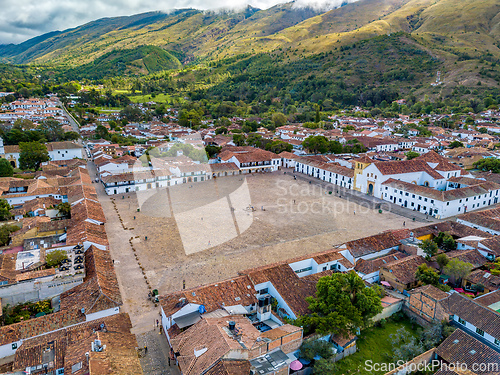 Image of Aerial view of the Plaza Mayor, largest stone-paved square in South America, Villa de Leyva, Colombia