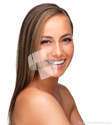 Image of Portrait, smile and woman with beauty, cosmetics and person isolated on a white studio background. Face, model and girl with healthy skin or grooming with facial and wellness with makeup or aesthetic
