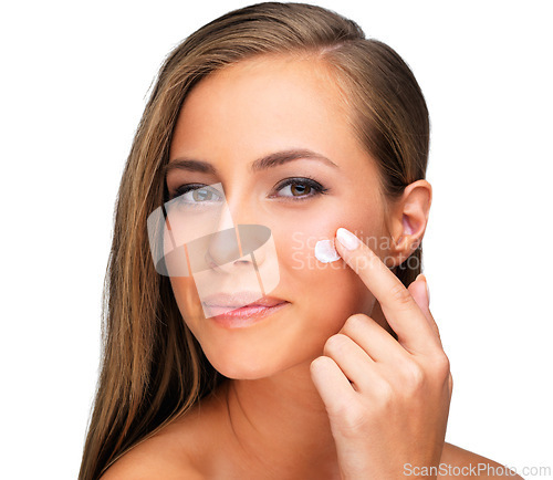 Image of Woman, portrait and skincare hand or lotion in studio for healthy treatment for cleaning, makeup or white background. Female person, face and finger or creme for dermatology, mockup space or wellness