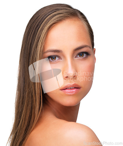 Image of Skincare, hair care and portrait of woman, glow or shine isolated on white studio background. Face, cosmetic and hairstyle of serious model in salon for facial makeup, hairdresser or beauty treatment