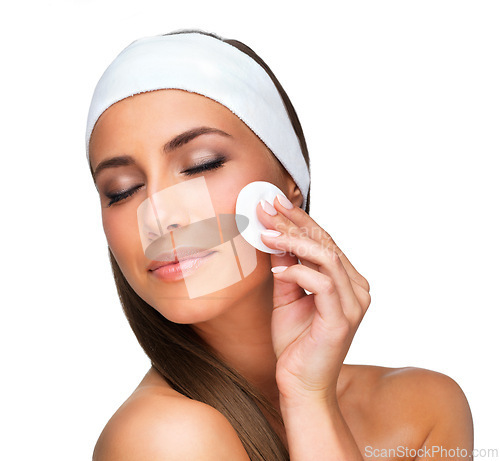 Image of Woman, skincare and cotton pad in studio on white background for wellness cleaning, treatment or make up. Female person, model and mockup with facial cosmetic tool or removal products, washing or spa