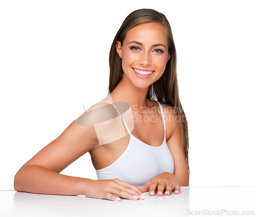Image of Beauty, portrait and happy woman with manicure table in studio for hand, cosmetics or cuticle care on white background. Face, smile and female model with nails for polish, acrylic or transformation