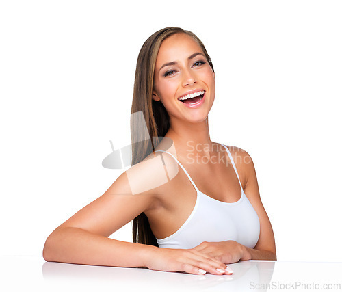 Image of Makeup, portrait and happy woman in studio for beauty, cosmetics or results on white background space. Wellness, face or female model with glowing skin, glamour or dermatology, shine and satisfaction