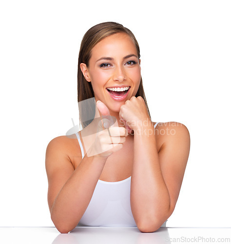 Image of Makeup, portrait and happy woman with hand pointing at you in studio for beauty, sale or deal on white background. Cosmetics, announcement and face of female model with idea for diy glowing skin