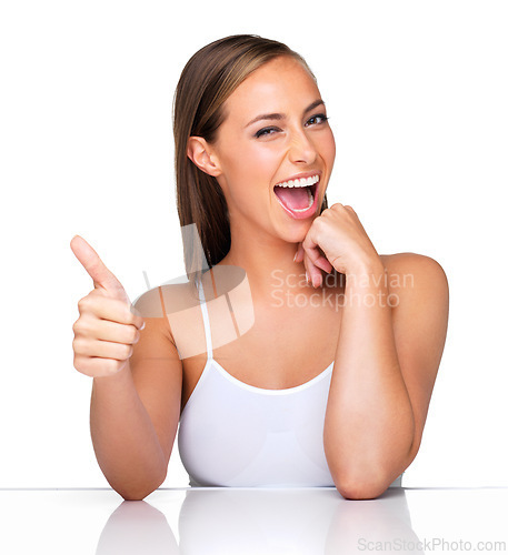 Image of Portrait, makeup or happy woman with thumbs up in studio for cosmetic, approval or success on white background. Beauty, face or excited model show winner hand emoji for dermatology, support or praise