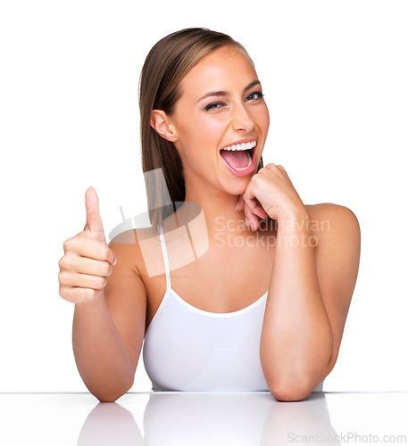 Image of Makeup, portrait or happy woman with thumbs up in studio for cosmetic, approval or success on white background. Beauty, face or excited model show winner hand emoji for dermatology, support or praise