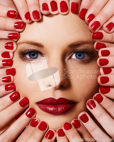 Image of Beauty, makeup and portrait of woman with manicure, glamour and lipstick with creative aesthetic. Luxury cosmetics, face and hands with red nail polish for self care, shine and model with facial