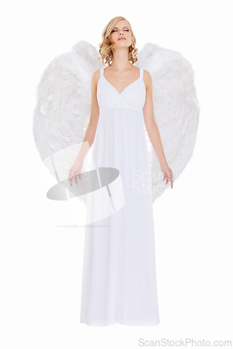 Image of Woman, face and fantasy in studio with angel wings for halloween dress up, celestial fashion or confidence. Model, person and beauty with heavenly costume, relax or natural makeup on white background