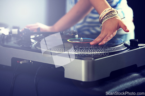 Image of Hand, turntable and music for club performance as dj at techno rave for streaming audio track, hiphop or entertainment. Equipment, mix and record scratch for listening concert, playlist or weekend