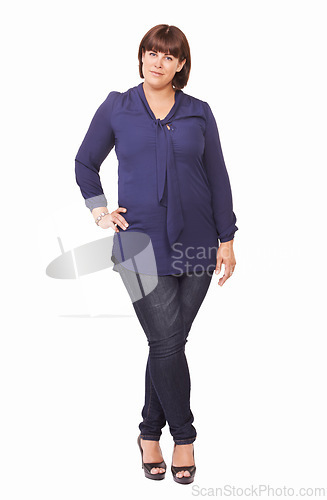 Image of Portrait, fashion and outfit with plus size woman in studio isolated on white background for style. Clothes, confidence or trendy model with attitude in clothing and high heels for casual wear