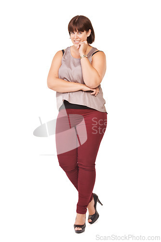 Image of Portrait, trendy and outfit with plus size woman in studio isolated on white background for style. Clothes, confidence or fashion model with attitude in clothing and high heels for casual wear