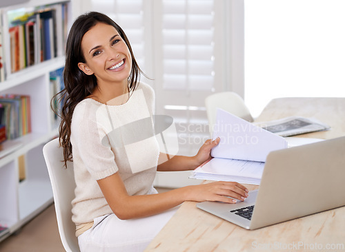 Image of Documents, smile and portrait of woman with laptop working on creative project at home office. Happy, technology and female freelance designer with paperwork and computer in workspace at apartment.