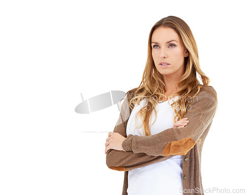 Image of Casual fashion, confidence and woman in studio with arms crossed, thinking and mockup space. Calm face, relax and weekend style for serious woman with idea, reflection and insight on white background