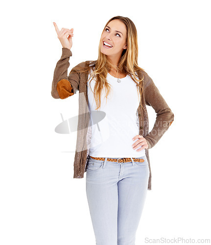 Image of Woman, pointing finger and announcement in studio or discount recommendation or opportunity, presentation or white background. Female person, hand gesture and mockup or show promo, decision or choice