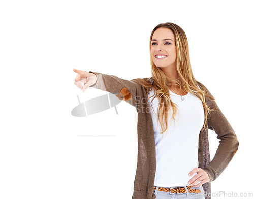 Image of Woman, pointing finger and recommendation in studio or review announcement or opportunity, presentation or white background. Female person, hand gesture and mockup or show promo, decision or choice