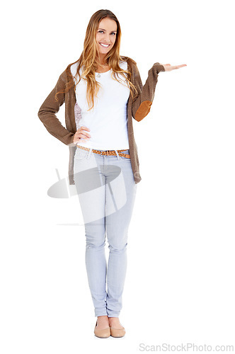 Image of Woman, portrait and hand gesture for presentation in studio or announcement mockup space, opportunity or white background. Female person, face and palm for review or promo choice, decision or opinion