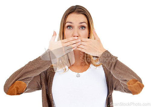 Image of Studio, portrait and shocked with fashion, secret and white background. Model, gossip and surprise with mockup, anxiety and covered mouth with fear or wow for emotional mistake or failure with worry