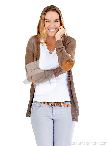 Image of Woman, portrait and excited smile in studio with white background or good mood, mockup space or positivity. Female person, model and face or happy in Canada or joyful for peace, weekend or cheerful