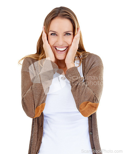 Image of Portrait, studio and smile with fashion, surprise and white background with happiness. Model, woman and shock for good news, announcement or achievement with notification and excited expression