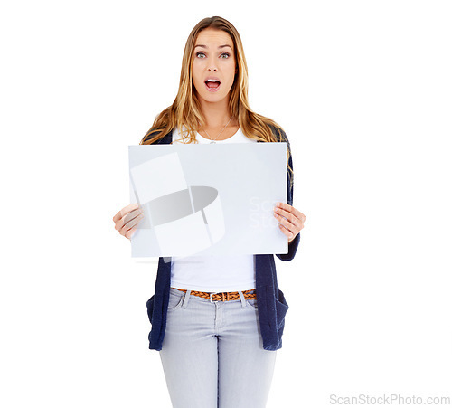 Image of Studio, blank sign and portrait of woman in shock for deal, promo or happy news mockup. Signage, offer and excited girl with poster announcement, discount or info on cardboard with white background.