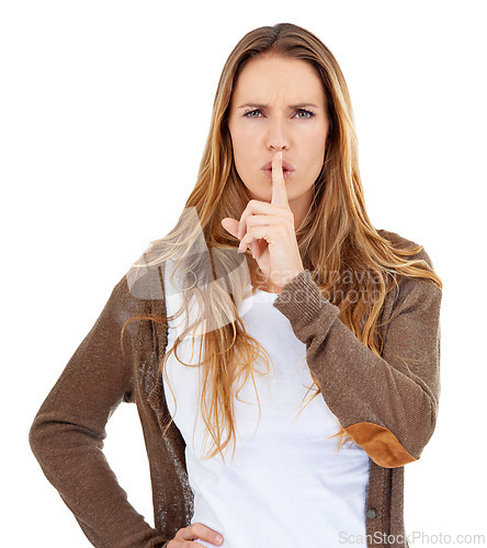 Image of Portrait, woman and finger on lips for secret, privacy and confidential gossip isolated on white studio background. Face, shush and hand gesture of serious person for silence, sign or emoji for noise