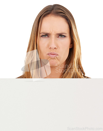 Image of Woman, studio and portrait for advertising, confused and poster with advertisements and unhappy face. Female person, sign and white background for marketing, sales and mockup board for promotion