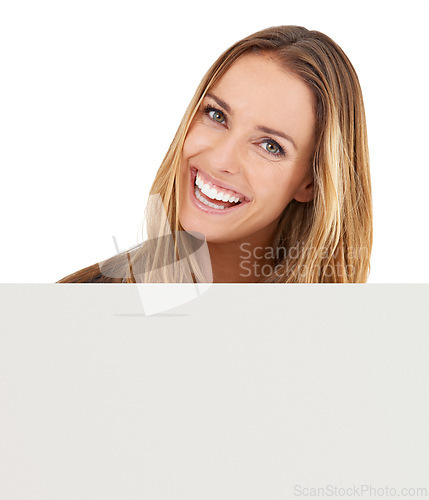 Image of Woman, portrait and poster mockup in studio for presentation of announcement, opportunity or advertising. Female person, white background and placard board for recommendation, about us or promotion