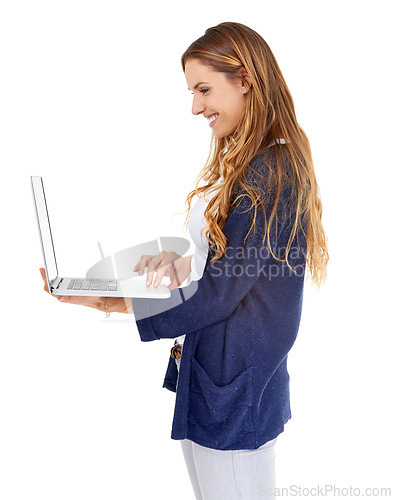 Image of Woman, looking and studio with laptop search for website, social network and connection. Female person, information technology and streaming media, internet and research online with white background