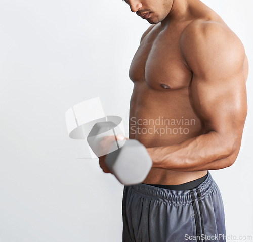 Image of Man, arm and dumbbell curl for gym fitness on white background for muscle strength, challenge or routine. Male person, equipment and bicep for weightlifting in Miami for studio, topless or mockup