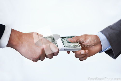 Image of Business people, hands and money for bribery and corruption in company with money laundering on white background. Illegal professional deal, cash or payment for crime with scam and fraud in finance